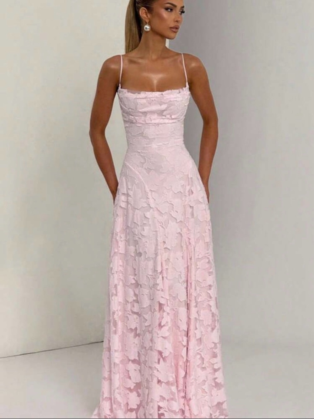 Baby Pink Lace Prom Dress (Maxi)